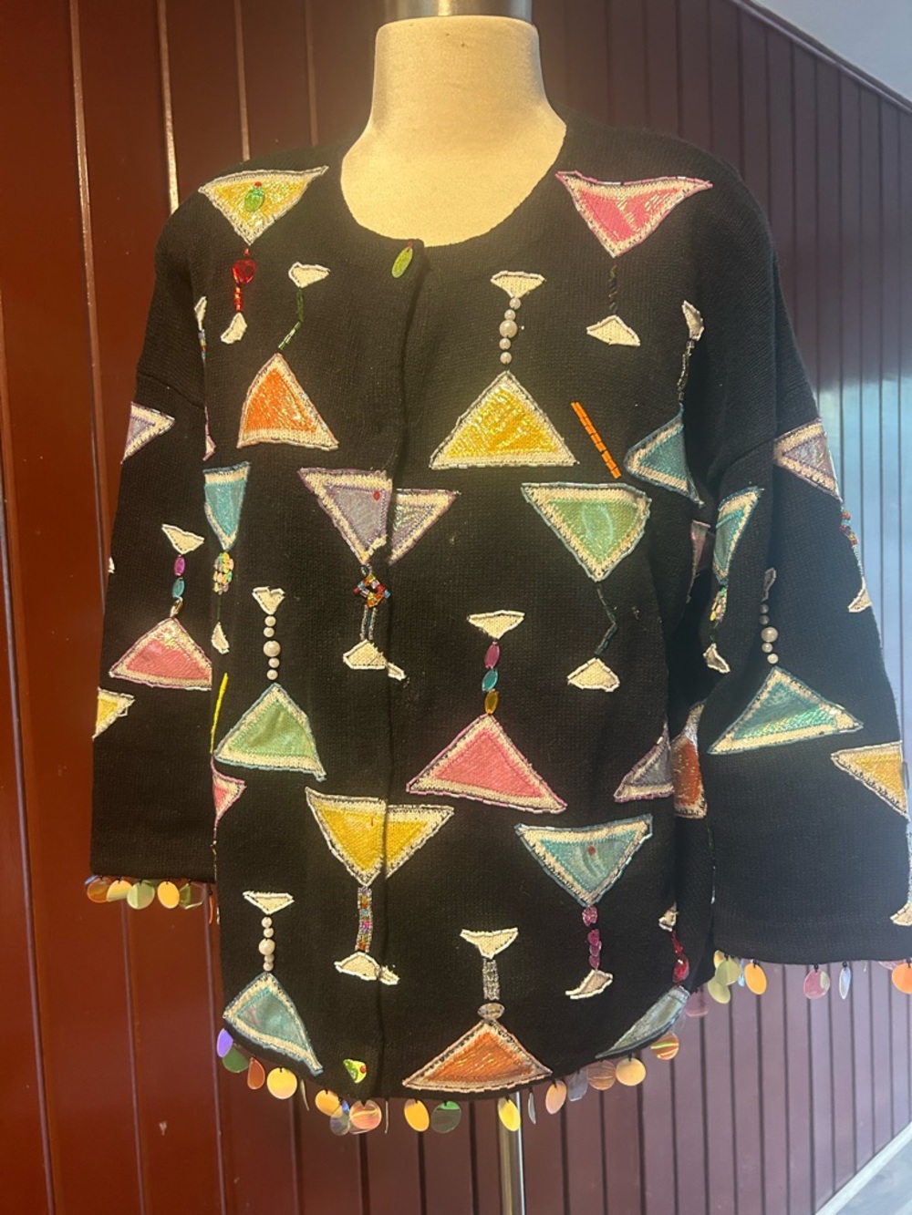 Vintage Black Sequin Martini Cocktail Cardigan - Picture 3 of 4